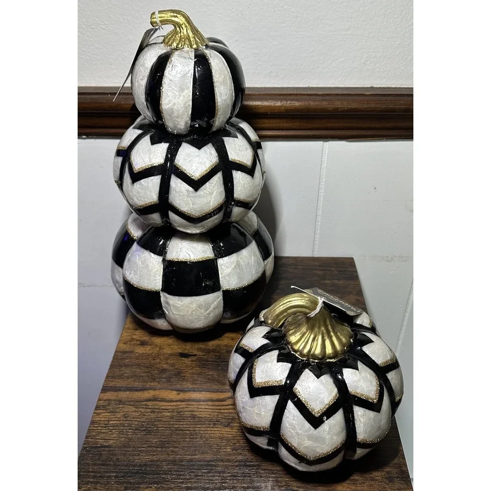 2 Black White Checkered Stacked Pumpkins Gold Stems Halloween Fall Topiary New